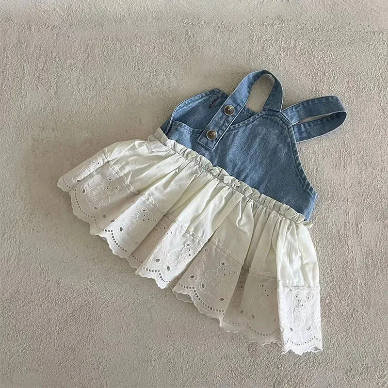 Blue and White Denim Dungaree Dress with Lace Skirt for Kids