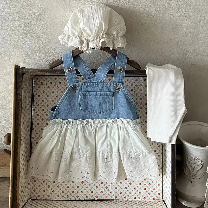 Blue and White Denim Dungaree Dress with Lace Skirt for Kids