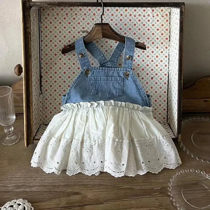 Blue and White Denim Dungaree Dress with Lace Skirt for Kids