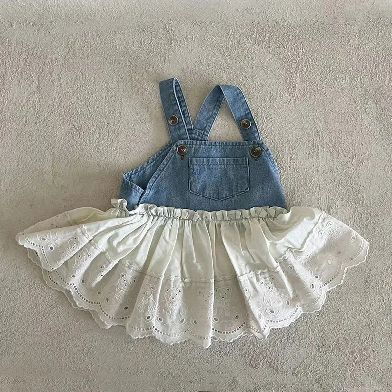 Blue and White Denim Dungaree Dress with Lace Skirt for Kids