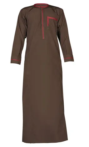 Boys Islamic Brown Uniform Thobe With Maroon Crepe Detailing On Placket And Pocket