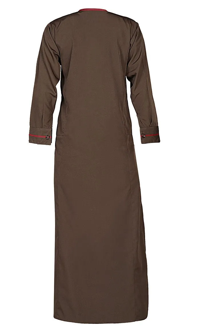 Boys Islamic Brown Uniform Thobe With Maroon Crepe Detailing On Placket And Pocket