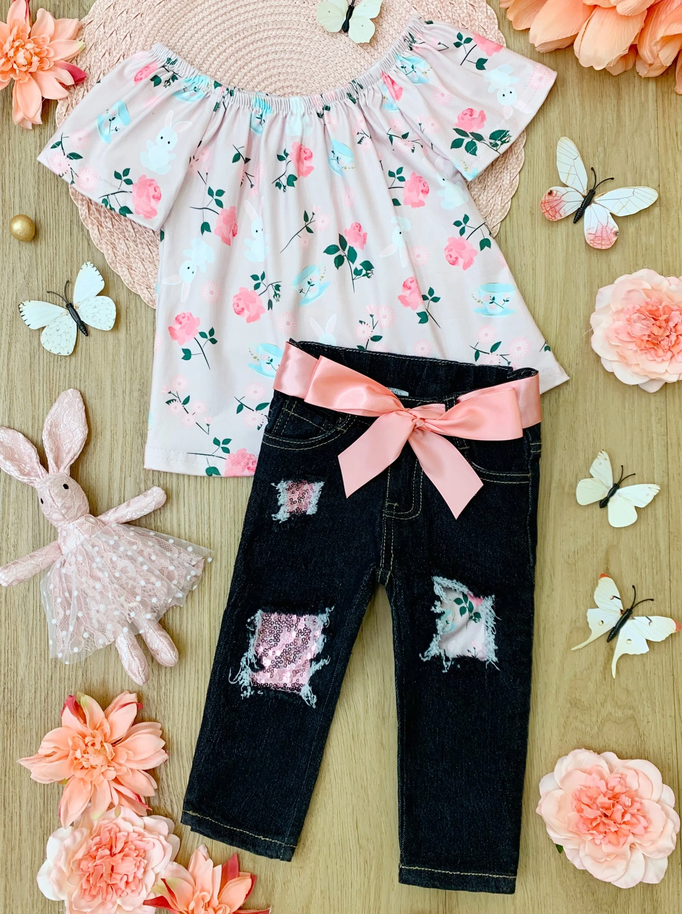 Buns and Roses Sparkle Patched Jeans Set