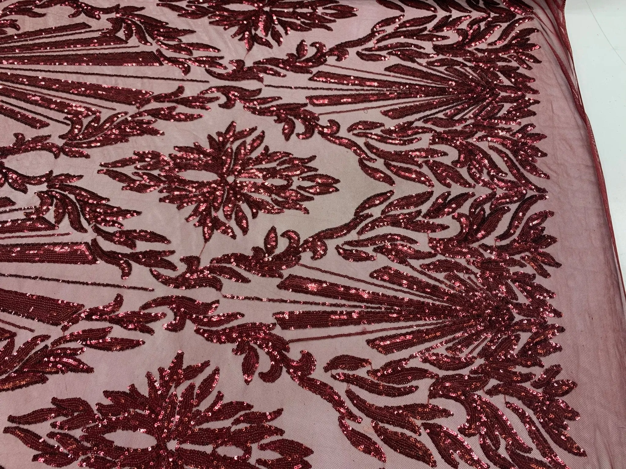 Burgundy Luxury Stretch Sequin Bridal Embroidery on Burgundy Mesh Lace Fabric