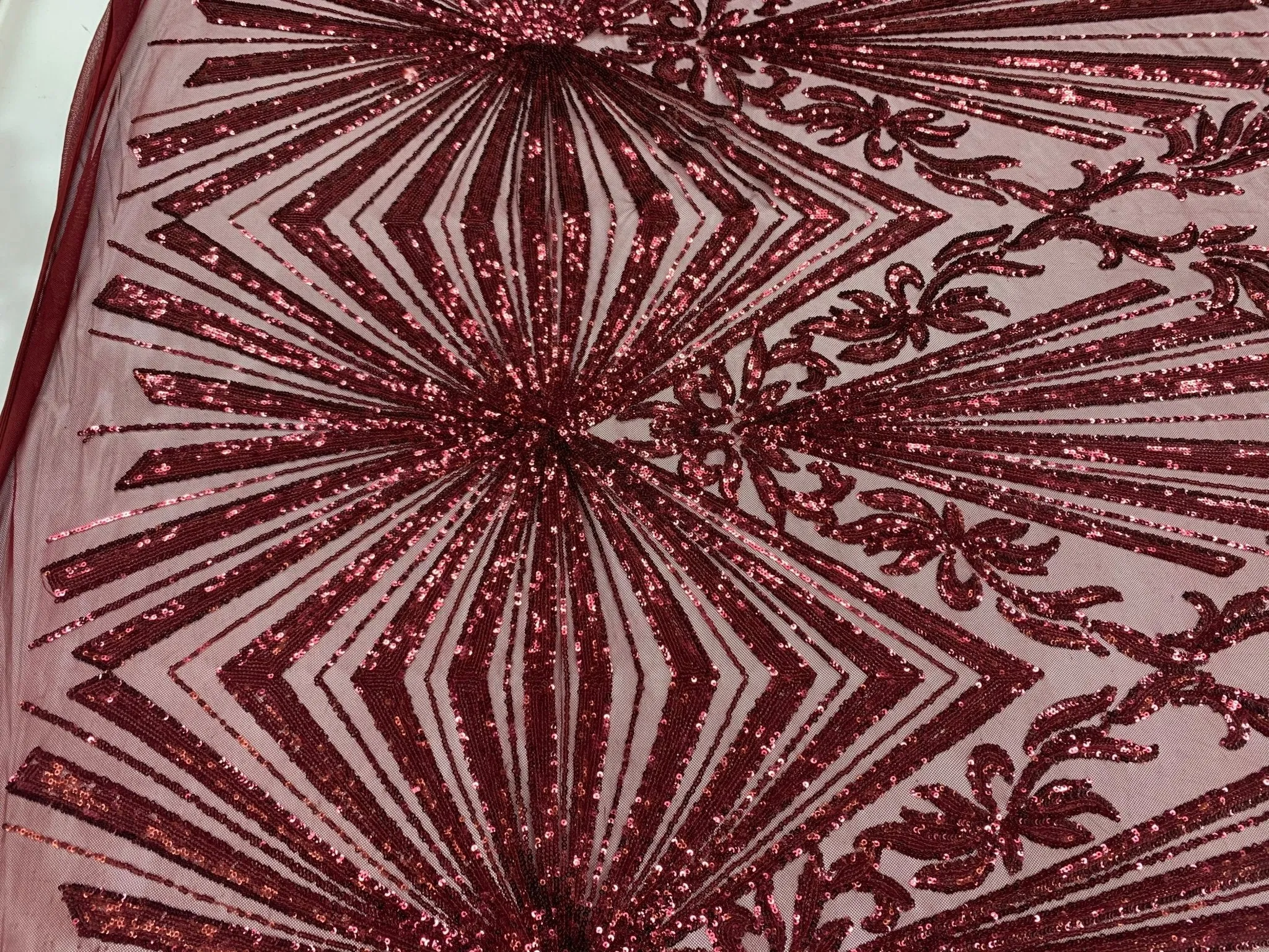 Burgundy Luxury Stretch Sequin Bridal Embroidery on Burgundy Mesh Lace Fabric