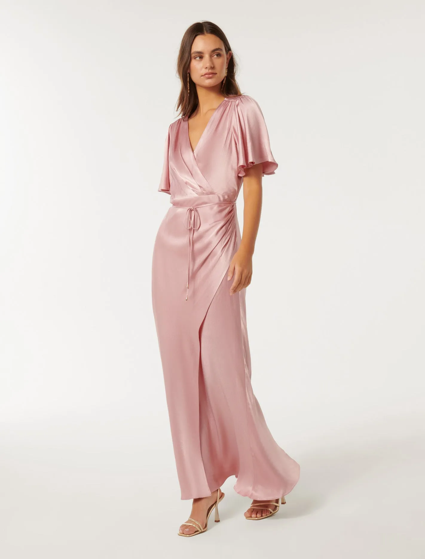 Chelsea Flutter Sleeve Satin Maxi Dress