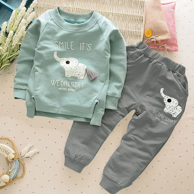 Children Tracksuit For Boys Sport Suits Cute Elephant Long Sleeved T-shirt Tops Pants 2PCS