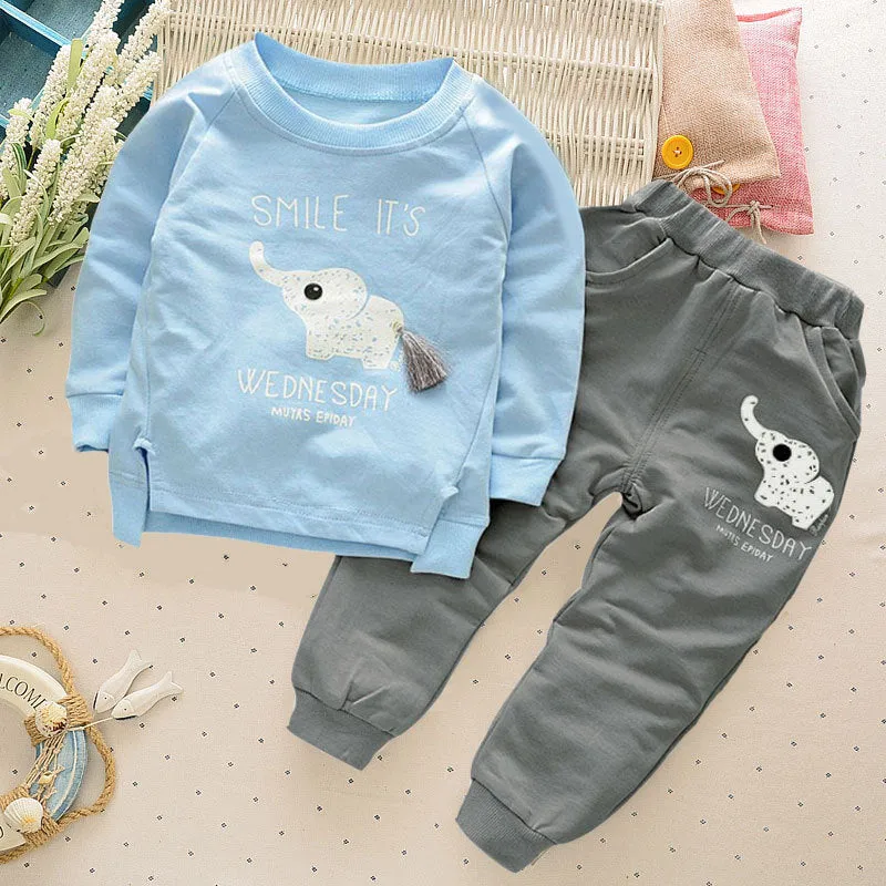 Children Tracksuit For Boys Sport Suits Cute Elephant Long Sleeved T-shirt Tops Pants 2PCS