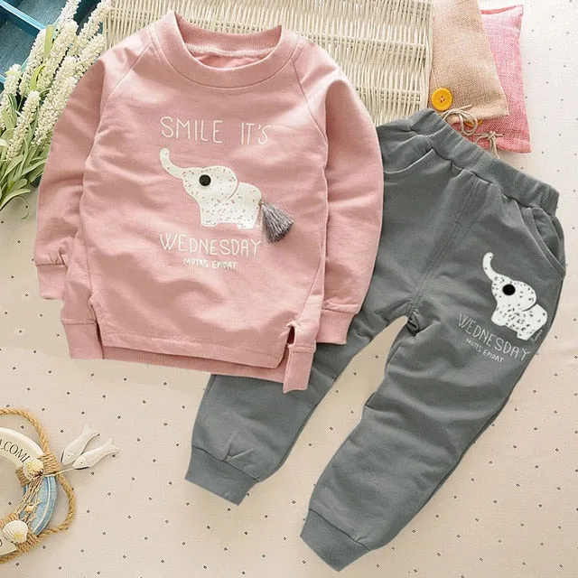 Children Tracksuit For Boys Sport Suits Cute Elephant Long Sleeved T-shirt Tops Pants 2PCS