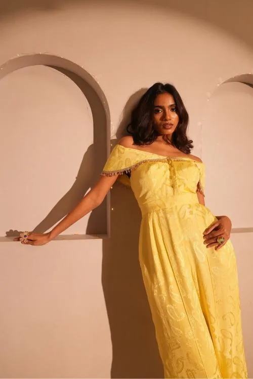 CITRINE BUTTER YELLOW OFF SHOULDER JUMPSUIT