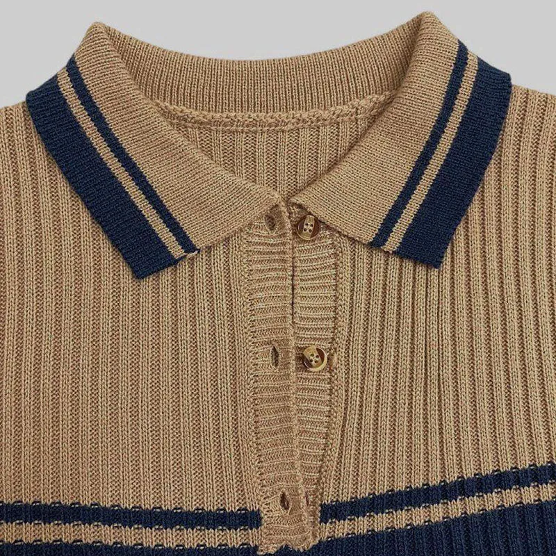 College Collared V Neck Oversized Striped Rib Knit Pullover Sweater