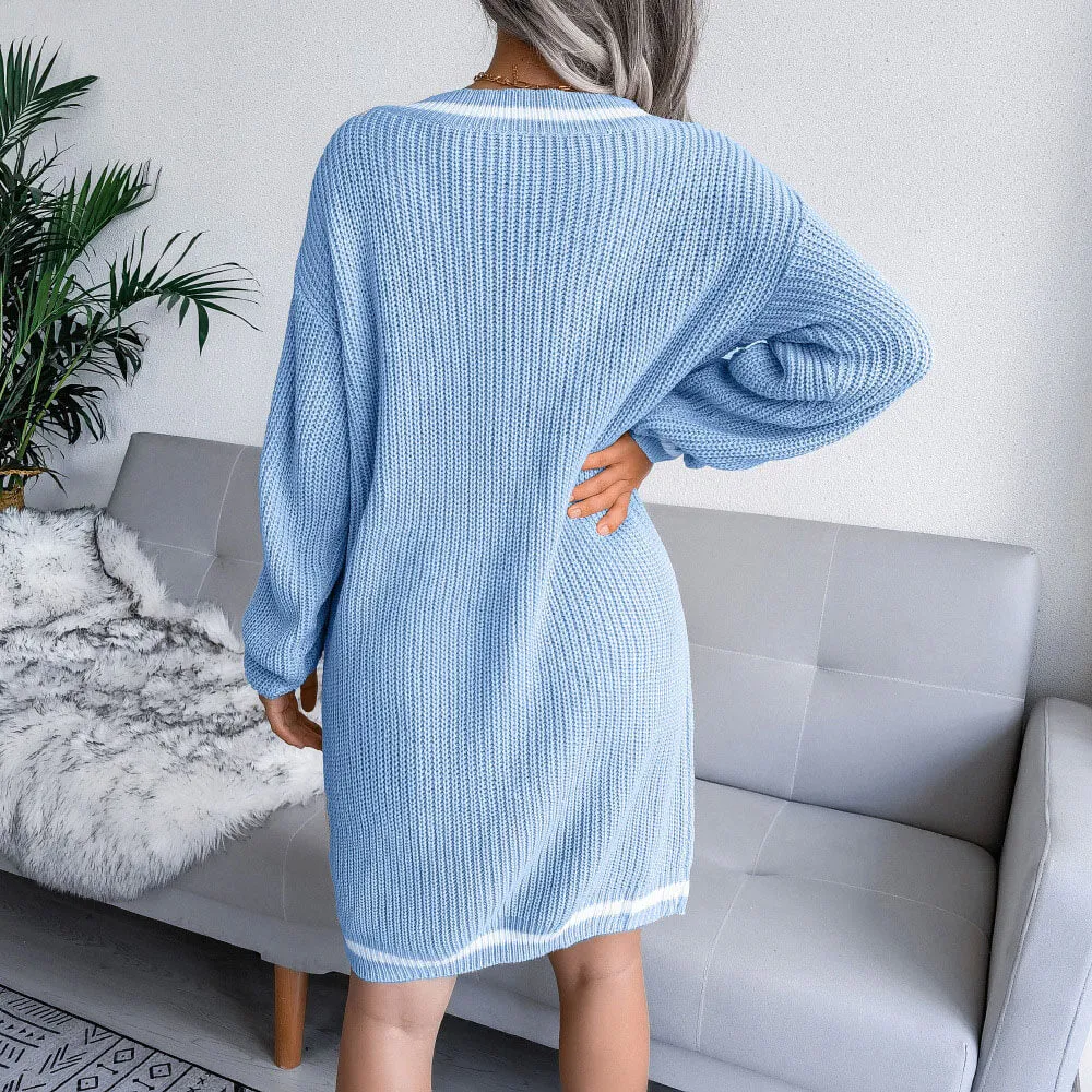 College Striped V Neck Drop Shoulder Long Sleeve Sweater Dress