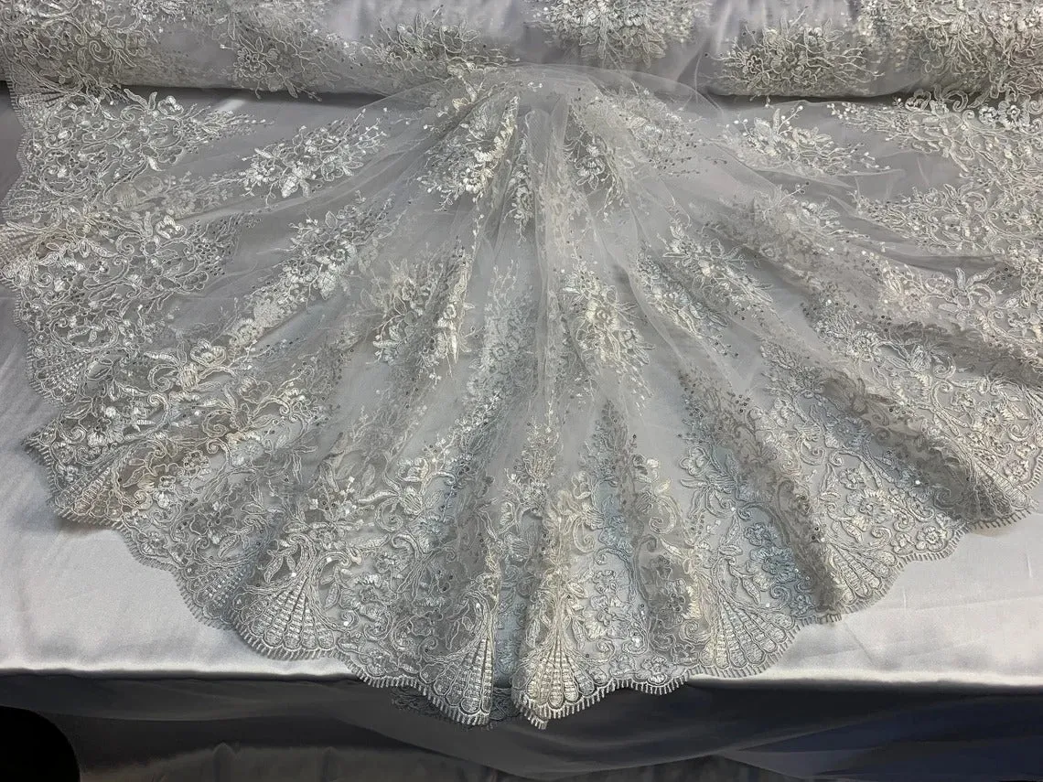 Corded White Lace Fabric / Embroidery Mesh lace