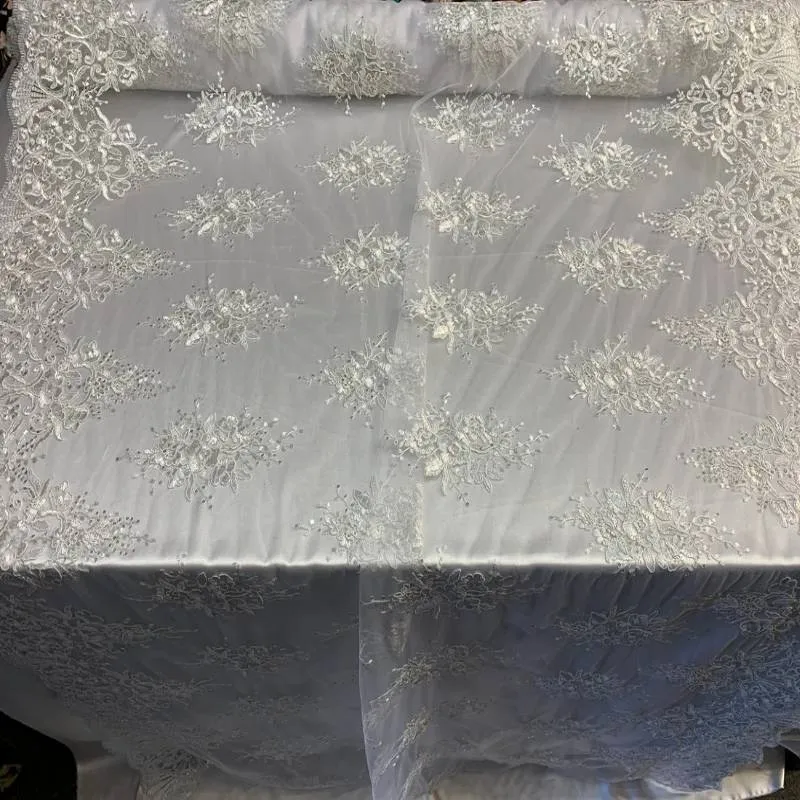 Corded White Lace Fabric / Embroidery Mesh lace