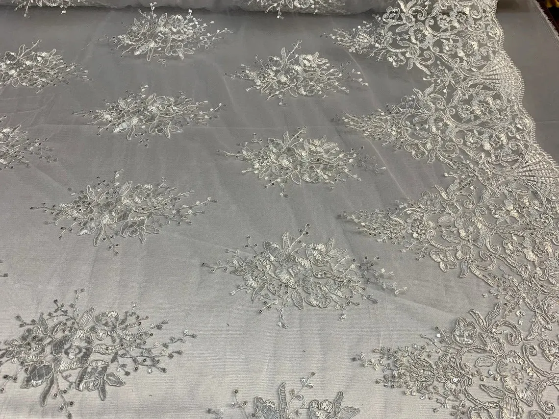 Corded White Lace Fabric / Embroidery Mesh lace