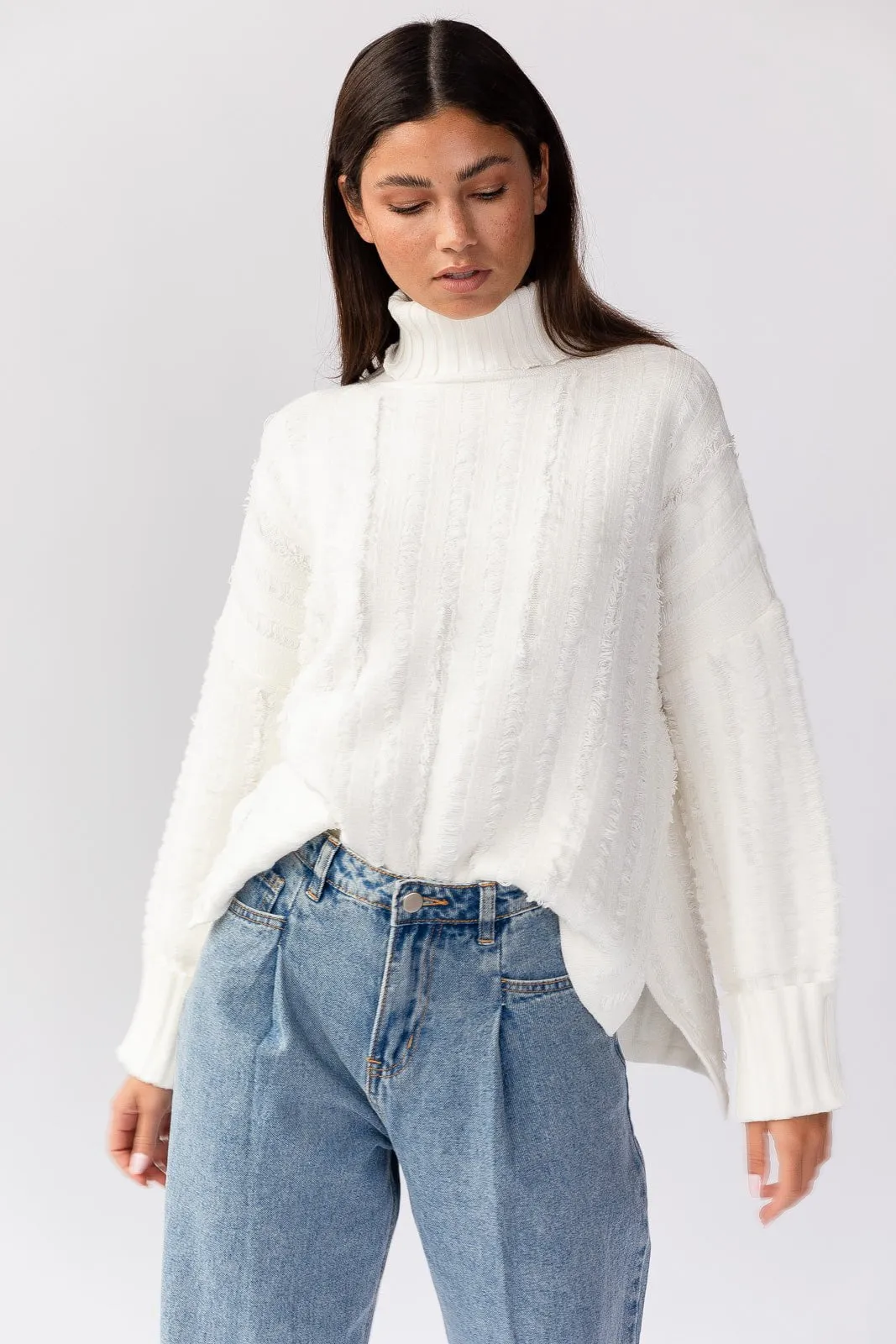 Dana Turtleneck Fringe Knit Sweater - White