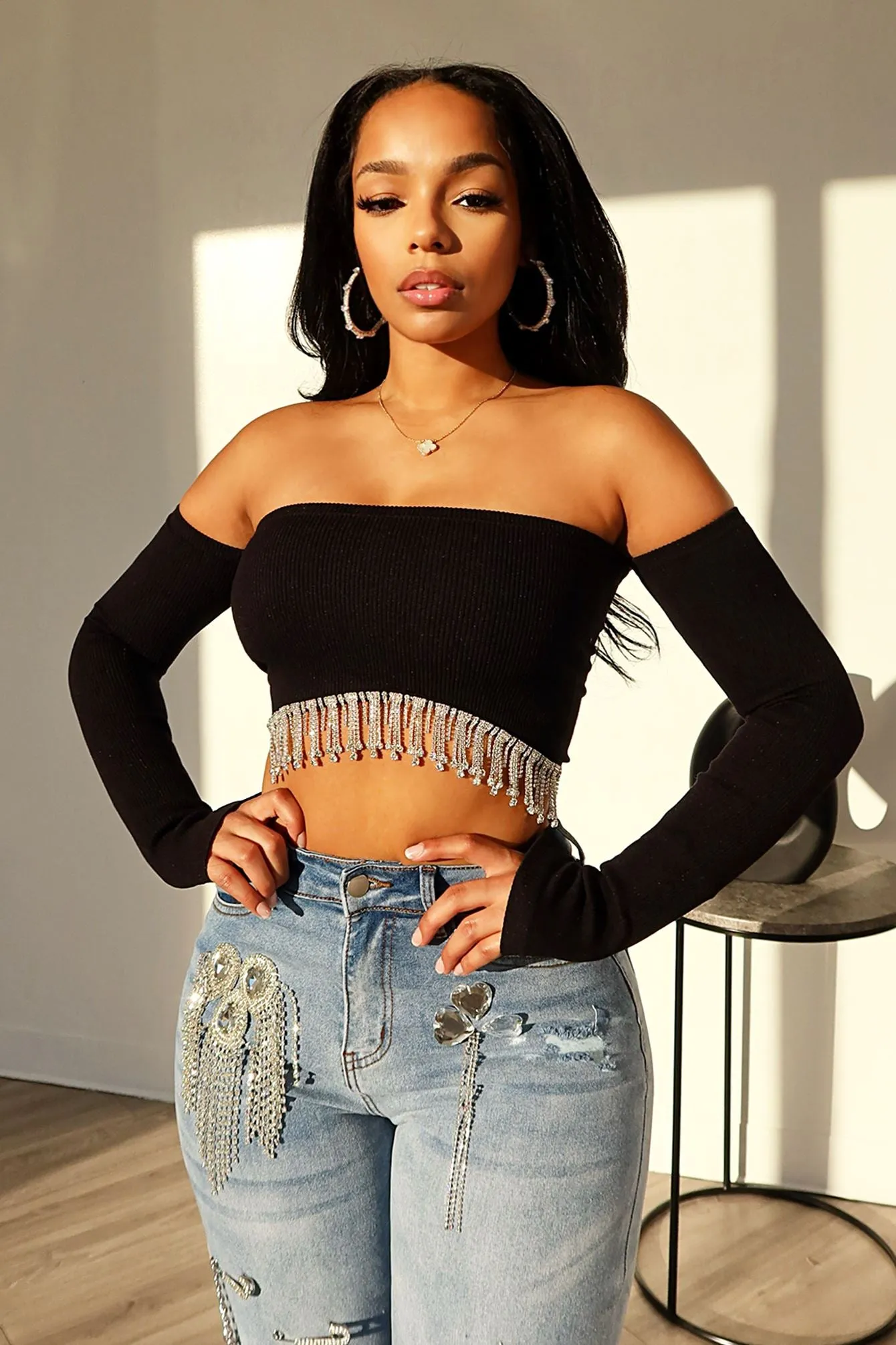 Divas Dancing Rhinestone Fringe Crop Top