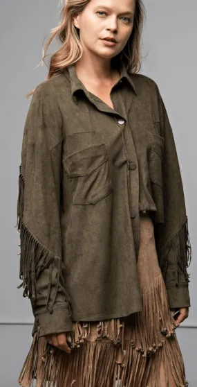 Easel Suede Fringed Snap Front Shirt Blouse