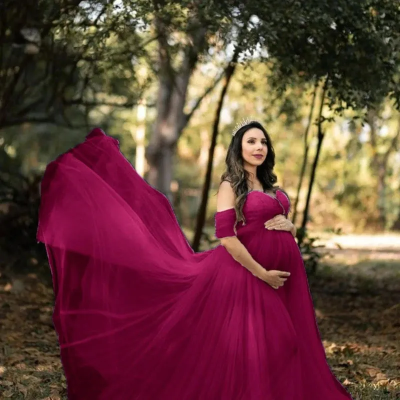 Elegant Off-Shoulder Lace Maternity Dress - Long Maxi Gown for Photoshoots & Photography Props