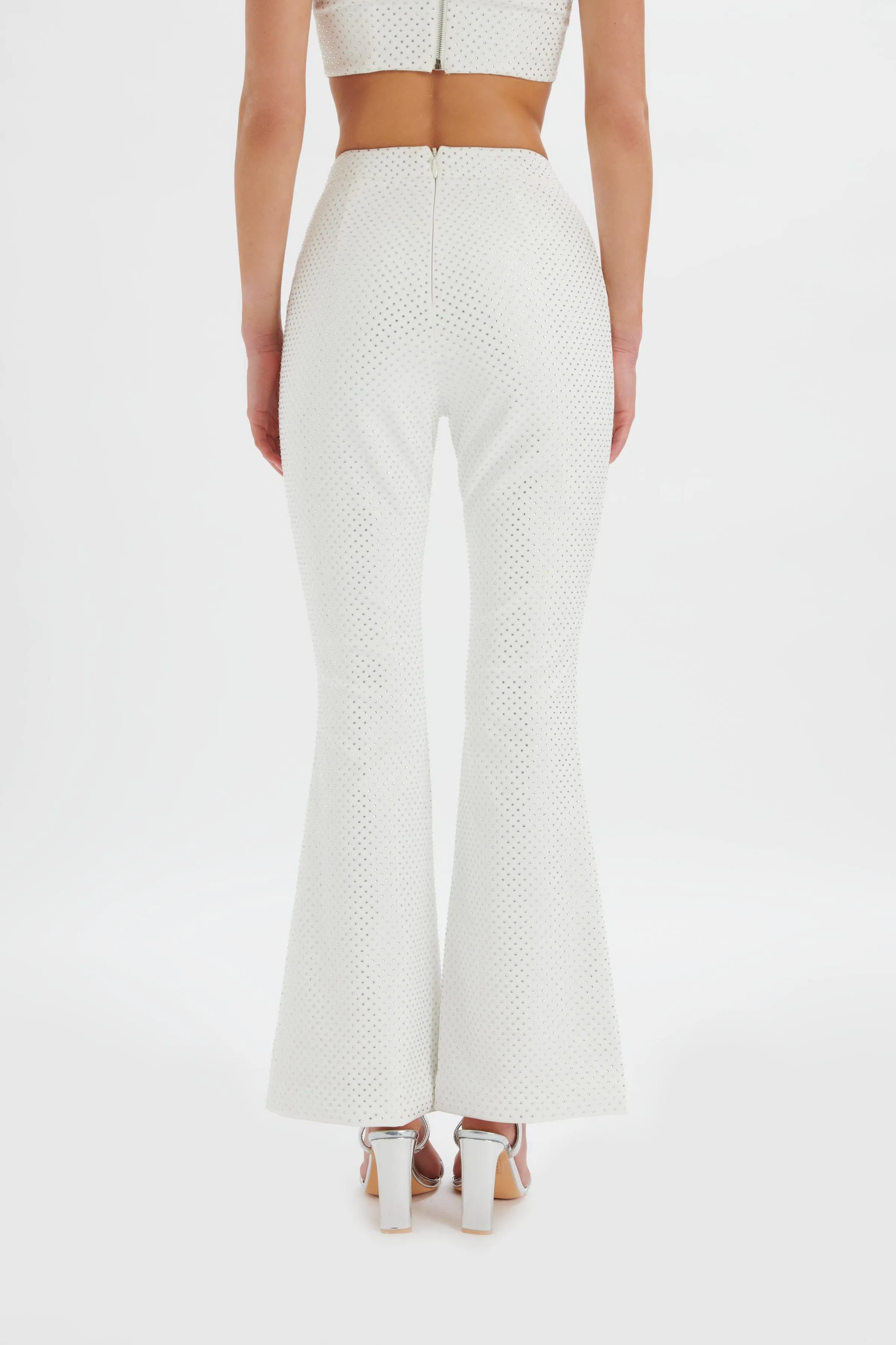 ELLISA Crystal Embellished Fit and Flare Trouser in White