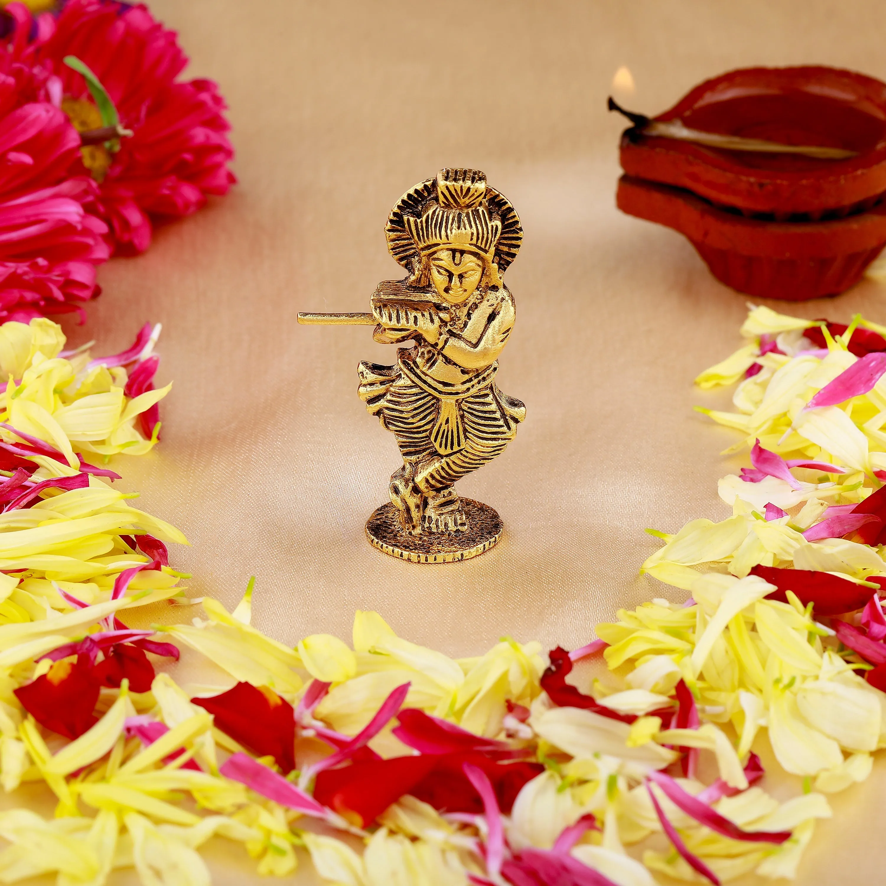 Estele Gold Plated Antique Divine Lord Krishna Idol for Home/Car Decor.