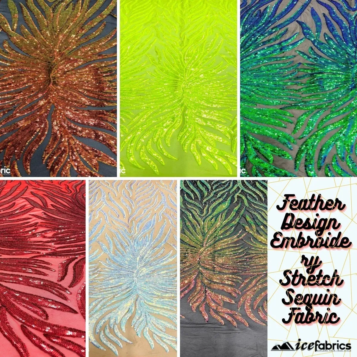 Feather Design Embroidery Stretch Sequin Fabric | 4 Way Stretch