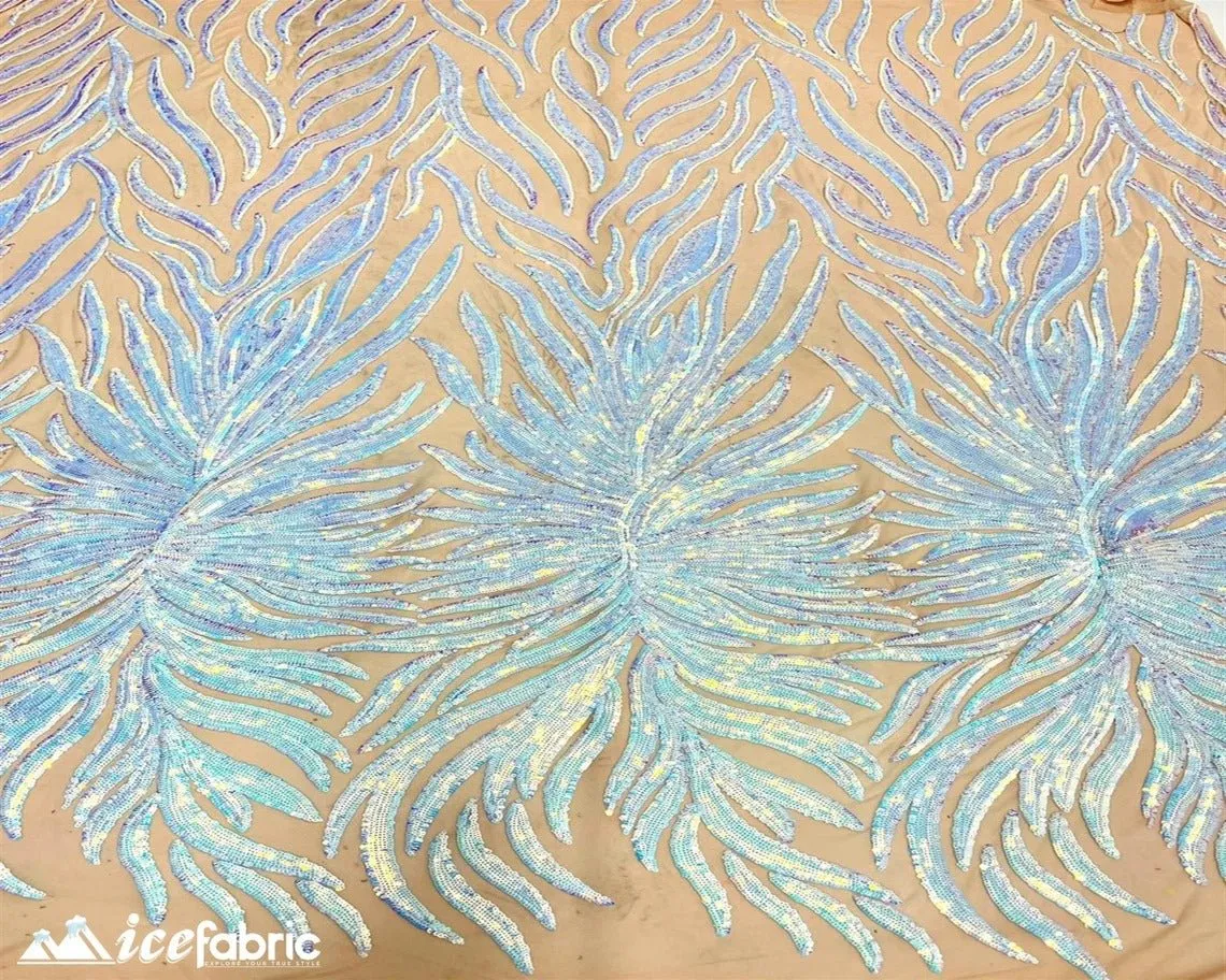 Feather Design Embroidery Stretch Sequin Fabric | 4 Way Stretch