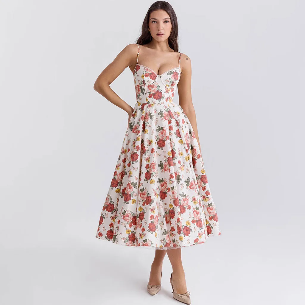 Floating Rose Print Scalloped Lace Bustier Fit and Flare Tulle Midi Sundress