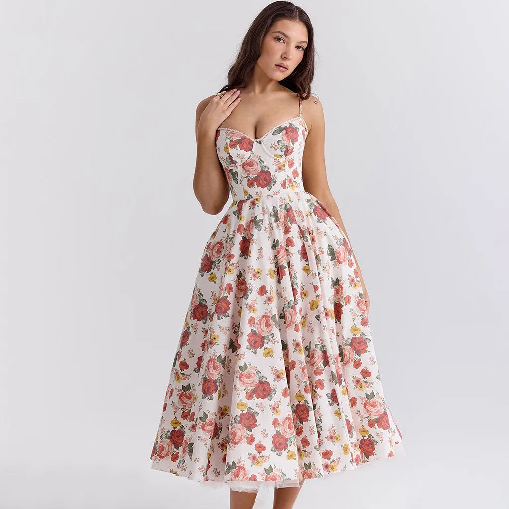 Floating Rose Print Scalloped Lace Bustier Fit and Flare Tulle Midi Sundress