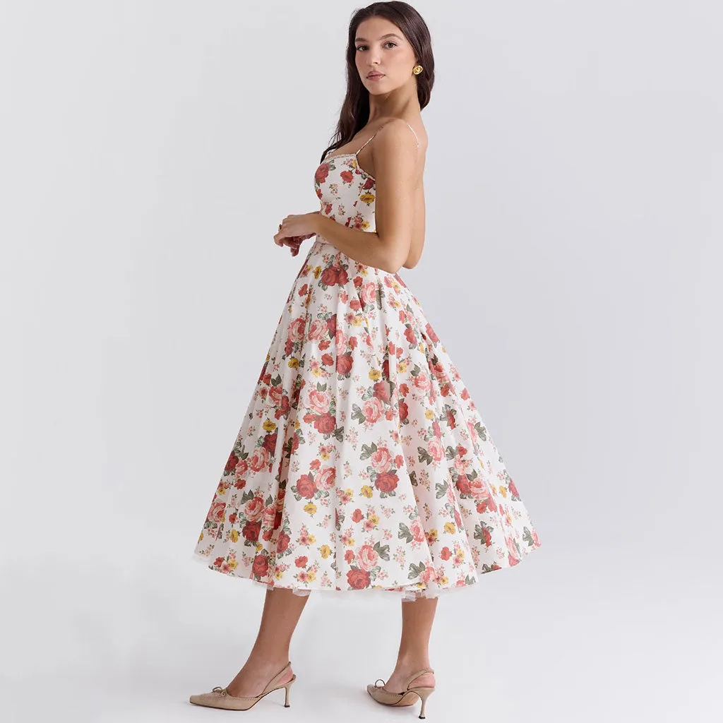 Floating Rose Print Scalloped Lace Bustier Fit and Flare Tulle Midi Sundress