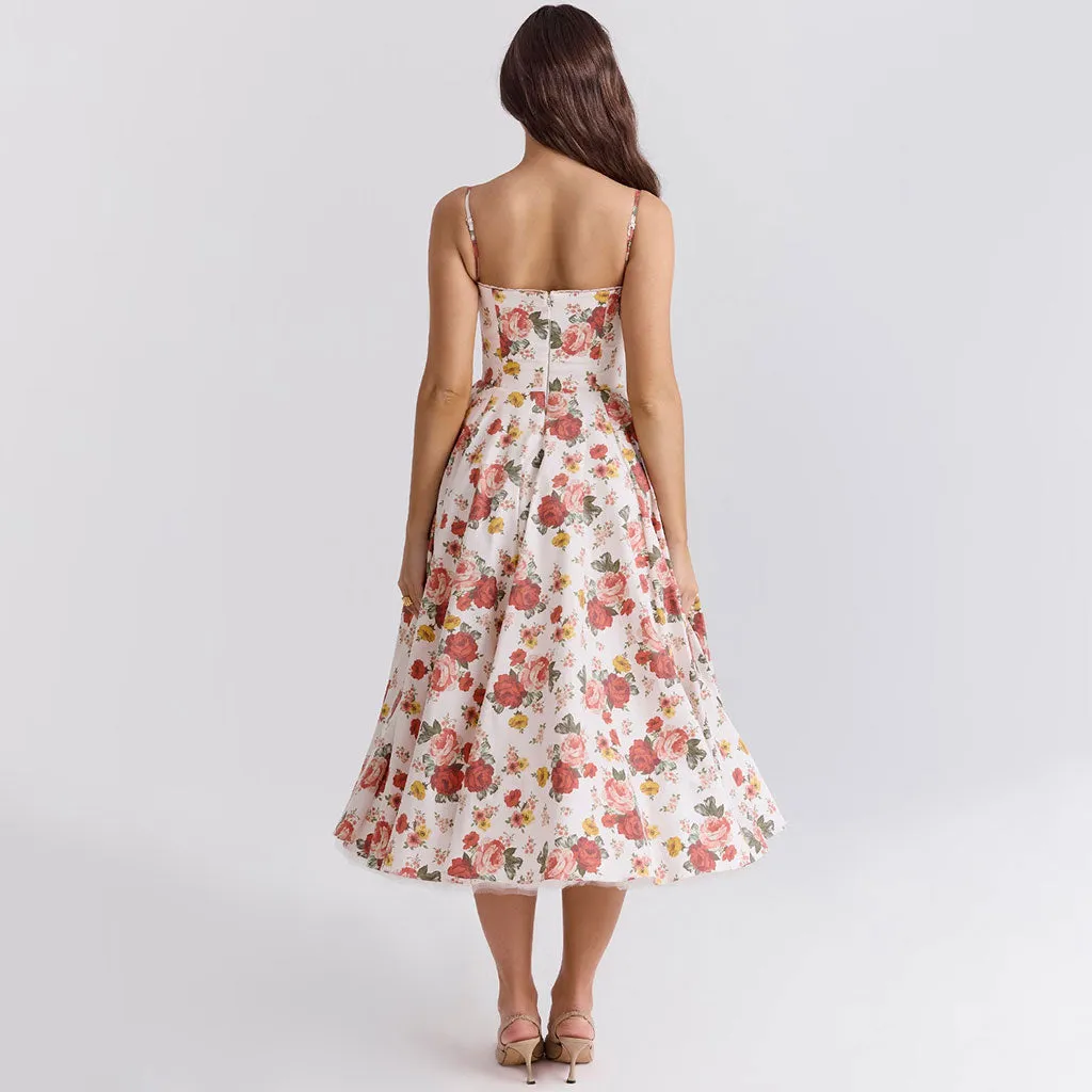 Floating Rose Print Scalloped Lace Bustier Fit and Flare Tulle Midi Sundress