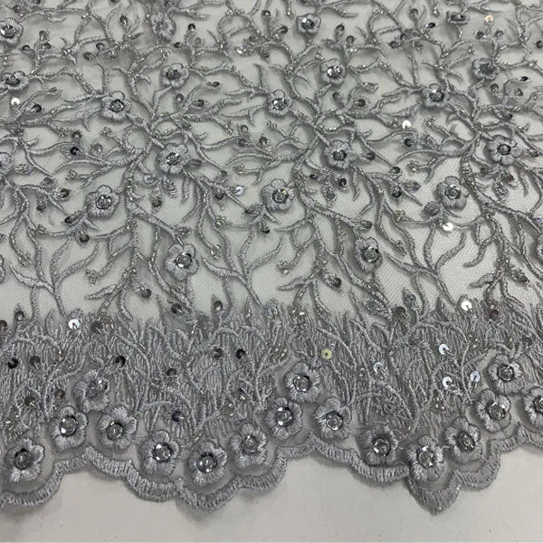 Floral Lace Beaded Fabric With Sequin On A Mesh By The Yard