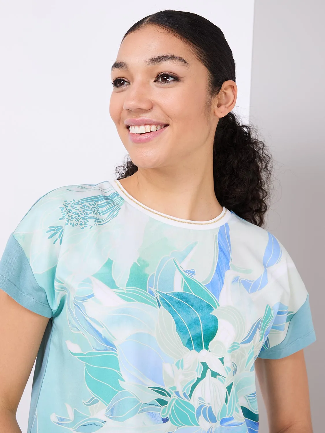 Floral Print Dolman Sleeve T-Shirt With Metallic Details