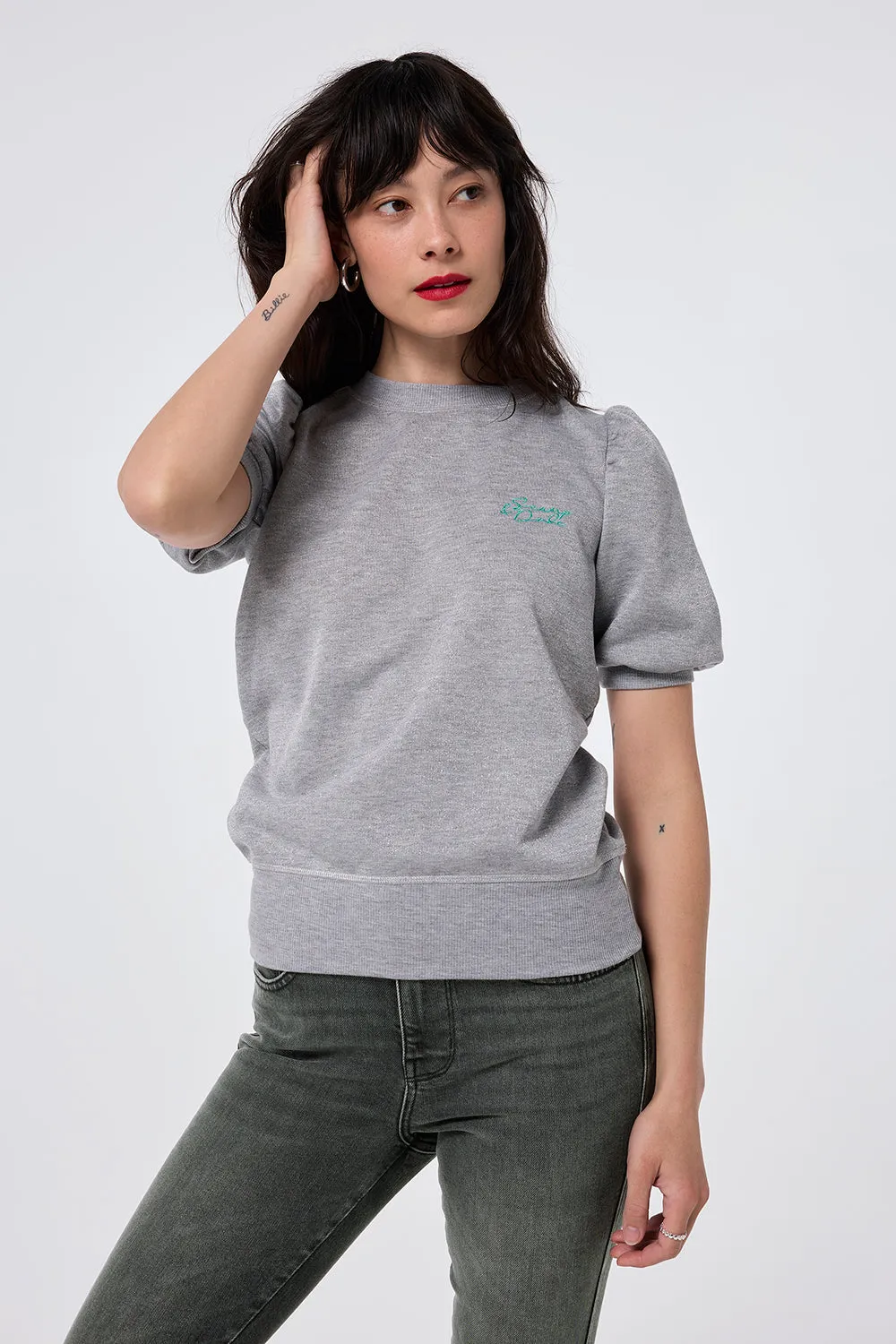 Grey Lurex Short Puff Sleeve T-Shirt