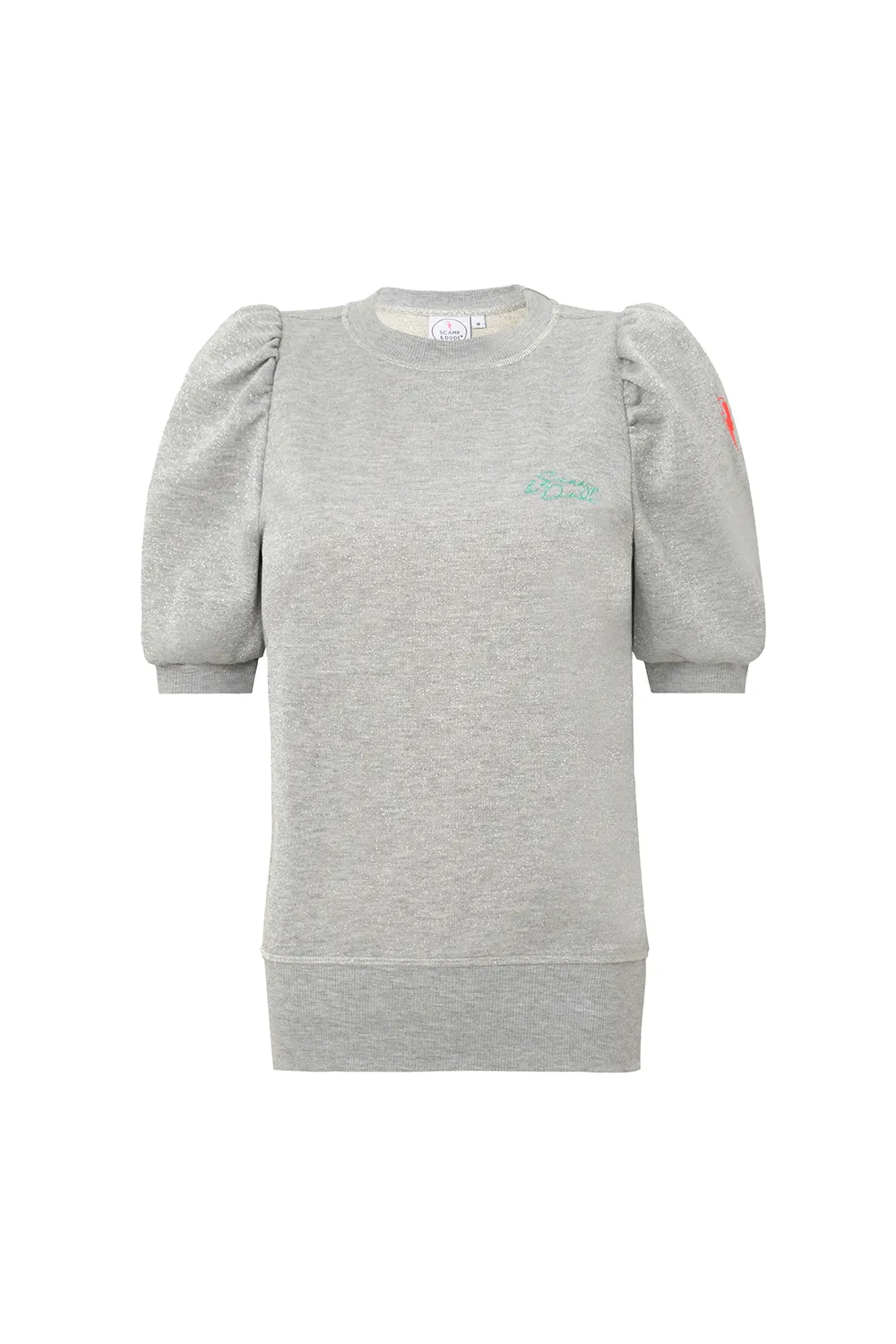 Grey Lurex Short Puff Sleeve T-Shirt