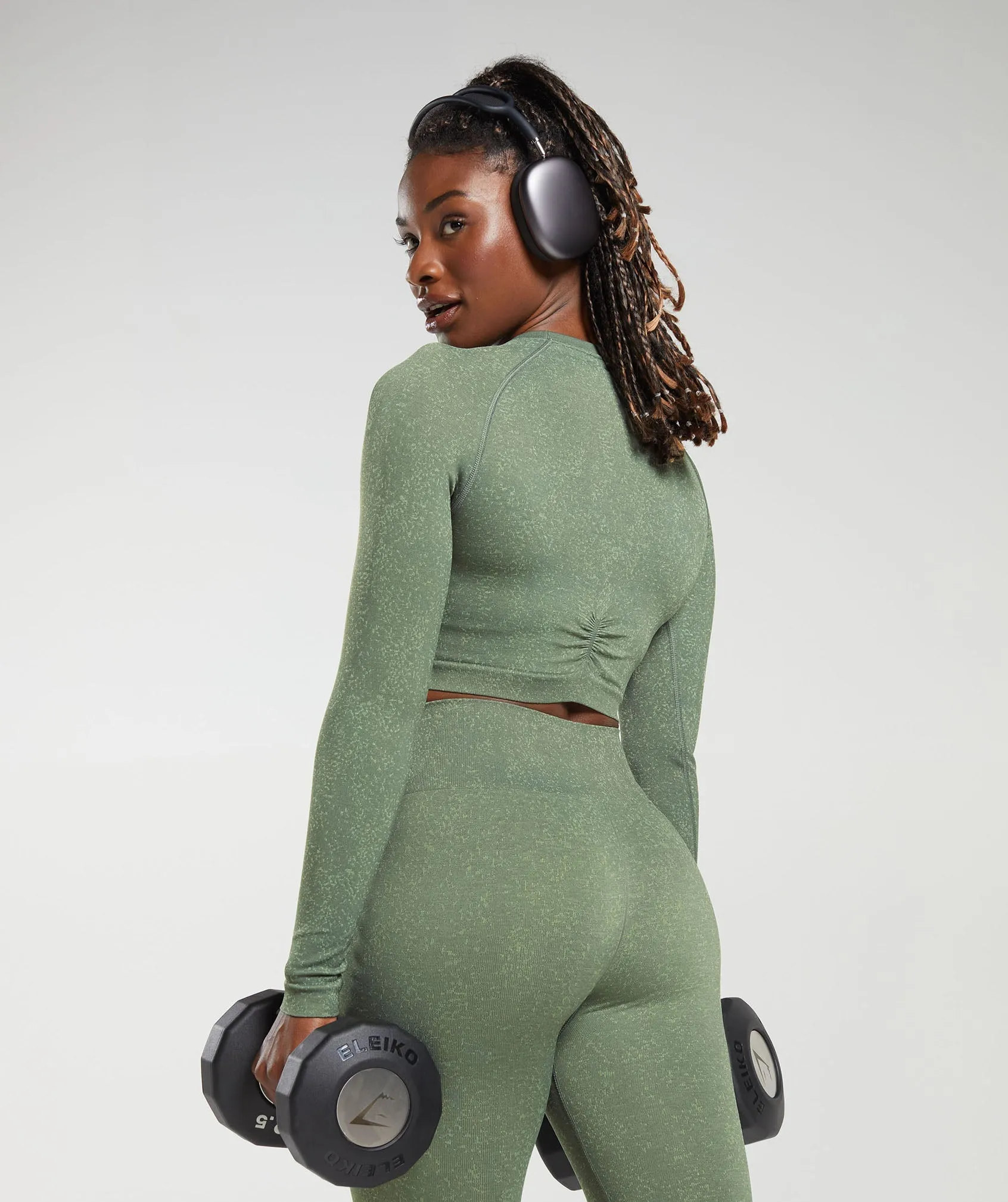 Gymshark Adapt Fleck Seamless Long Sleeve Crop Top - Dusk Green/Light Sage Green