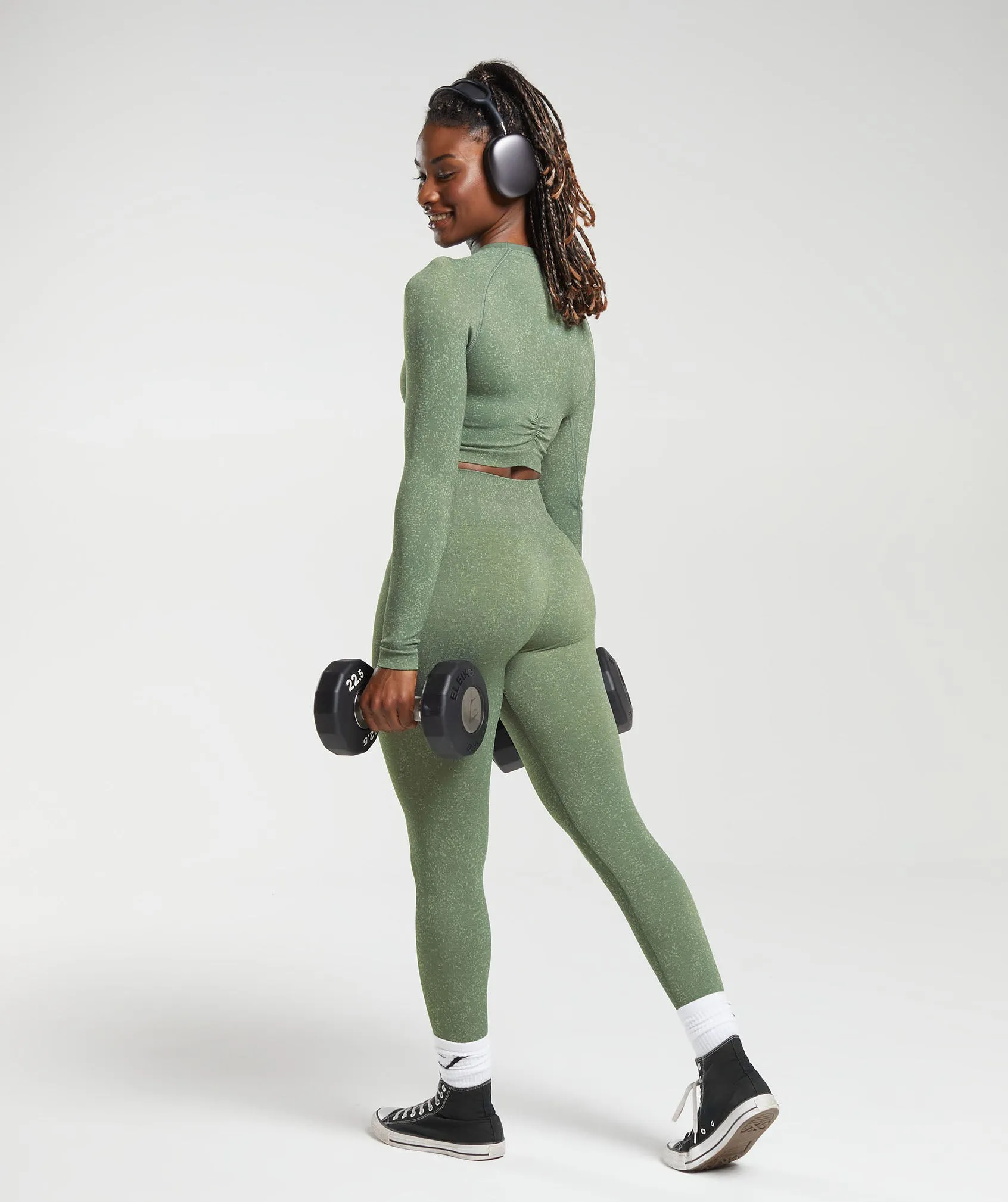 Gymshark Adapt Fleck Seamless Long Sleeve Crop Top - Dusk Green/Light Sage Green