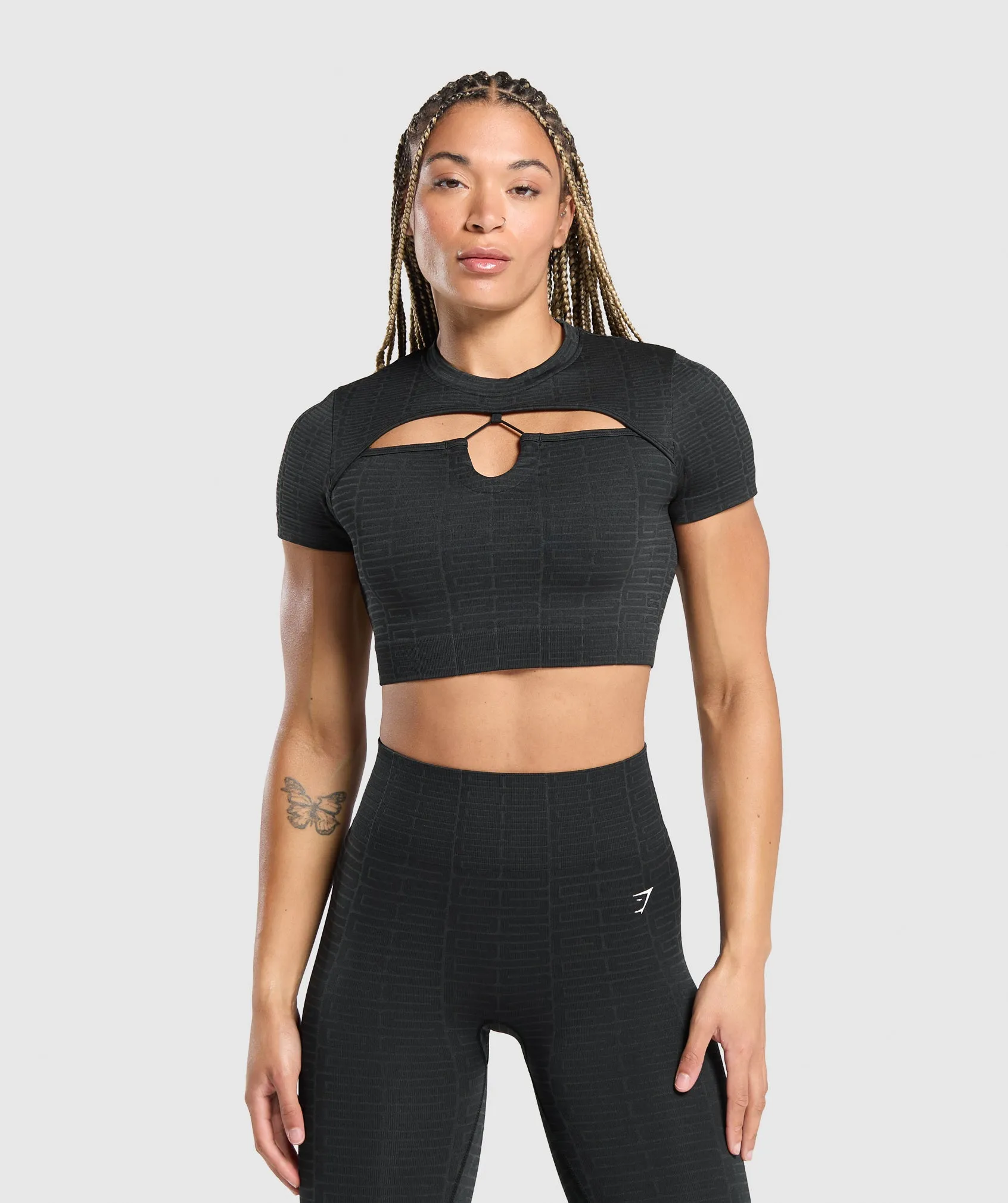 Gymshark Adapt Monogram Seamless Ruched Crop Top - Black/Pitch Grey