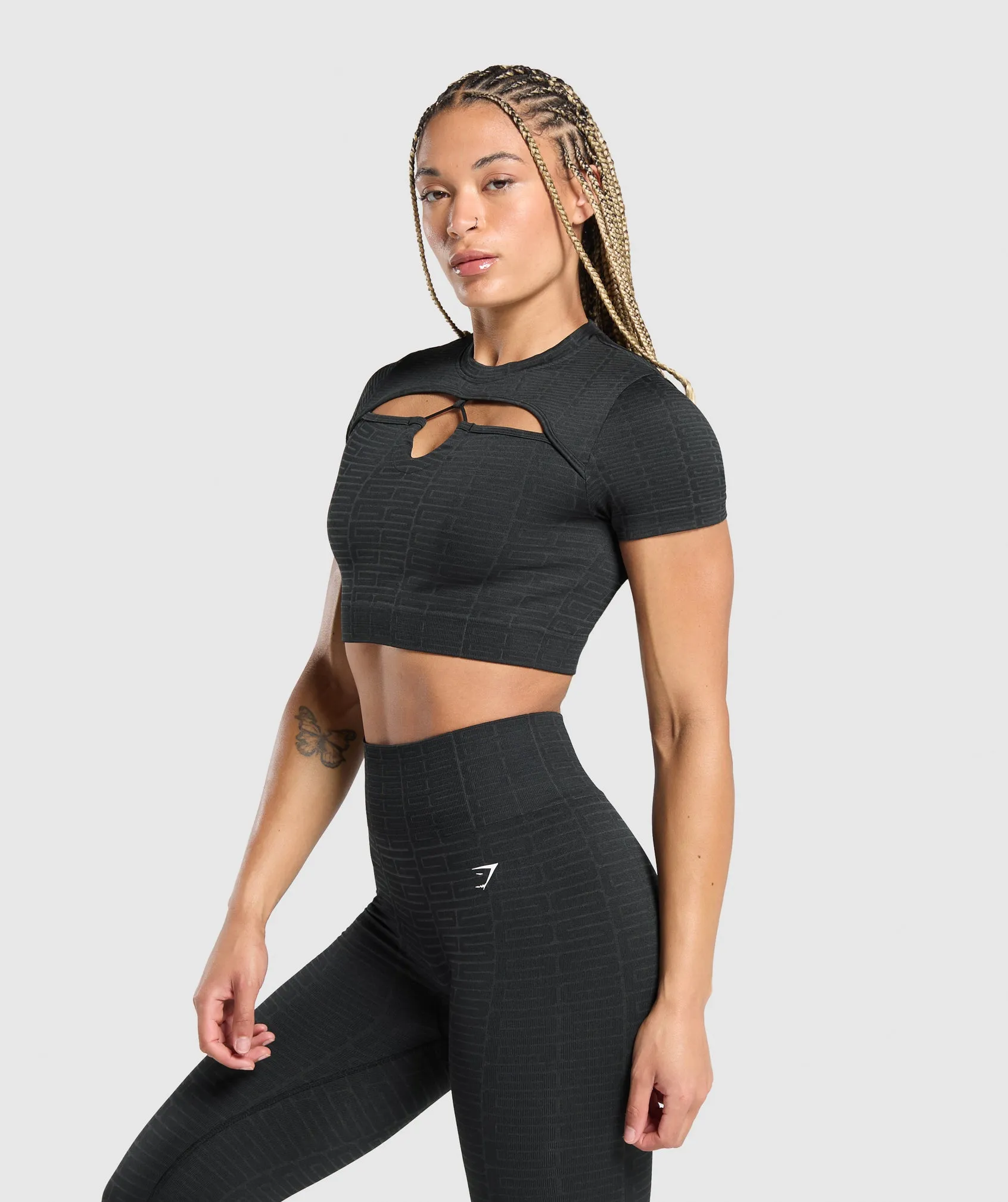 Gymshark Adapt Monogram Seamless Ruched Crop Top - Black/Pitch Grey