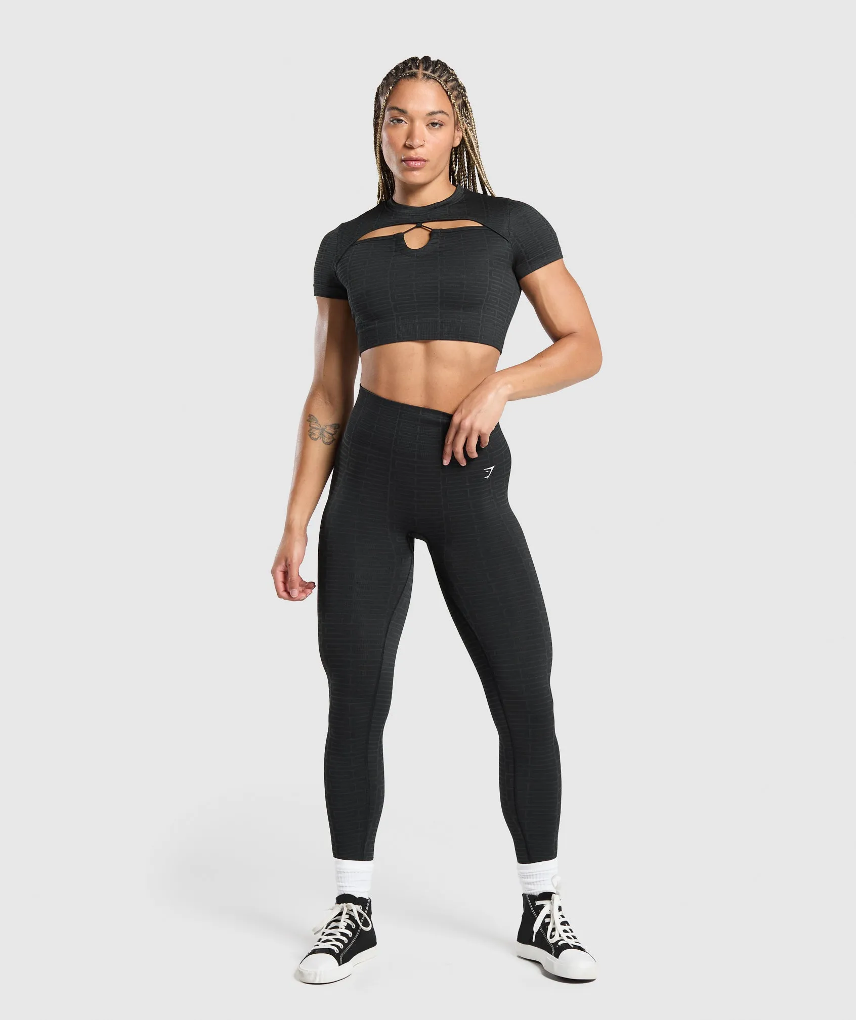 Gymshark Adapt Monogram Seamless Ruched Crop Top - Black/Pitch Grey