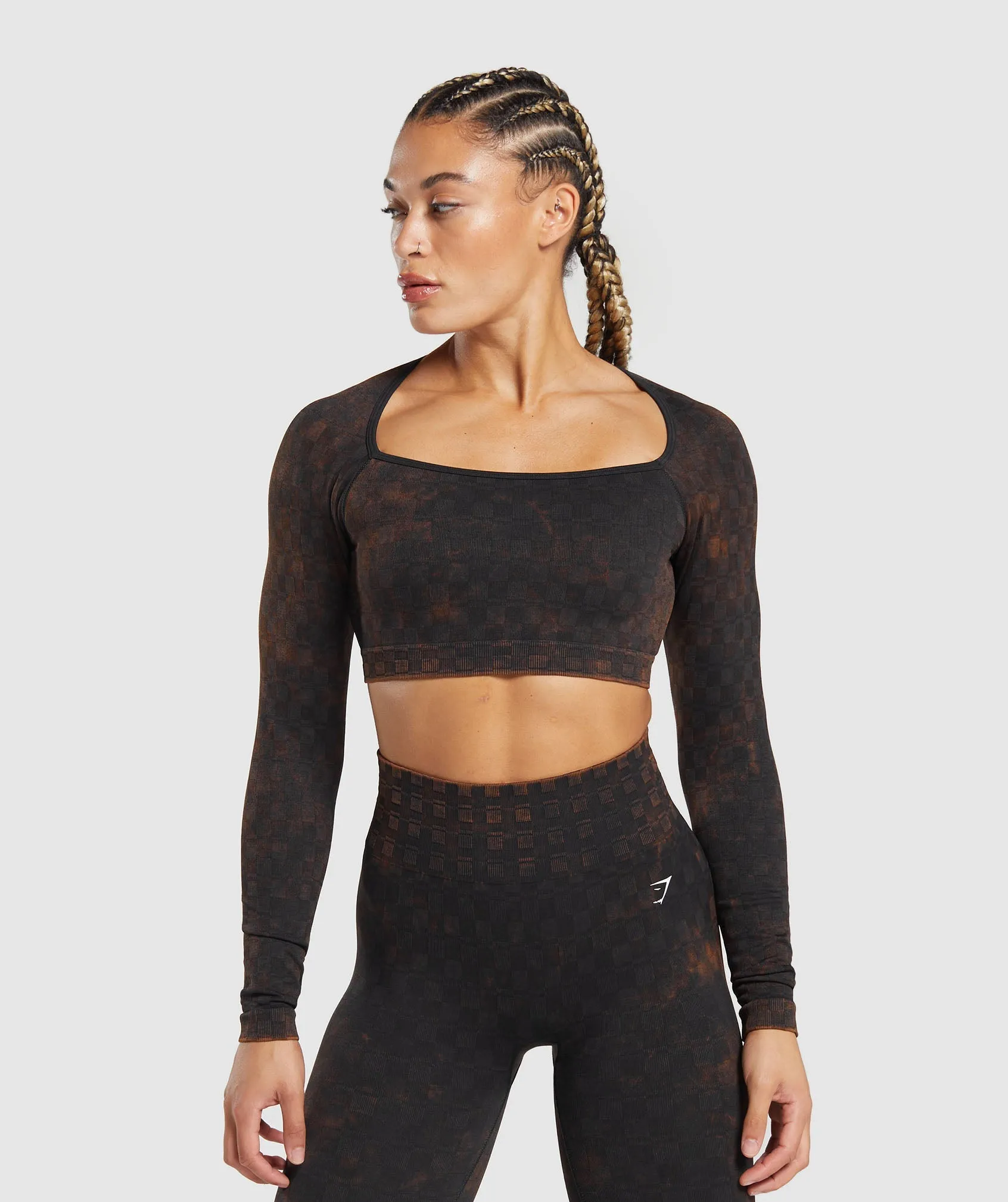 Gymshark Check Seamless Washed  Long Sleeve Top - Black