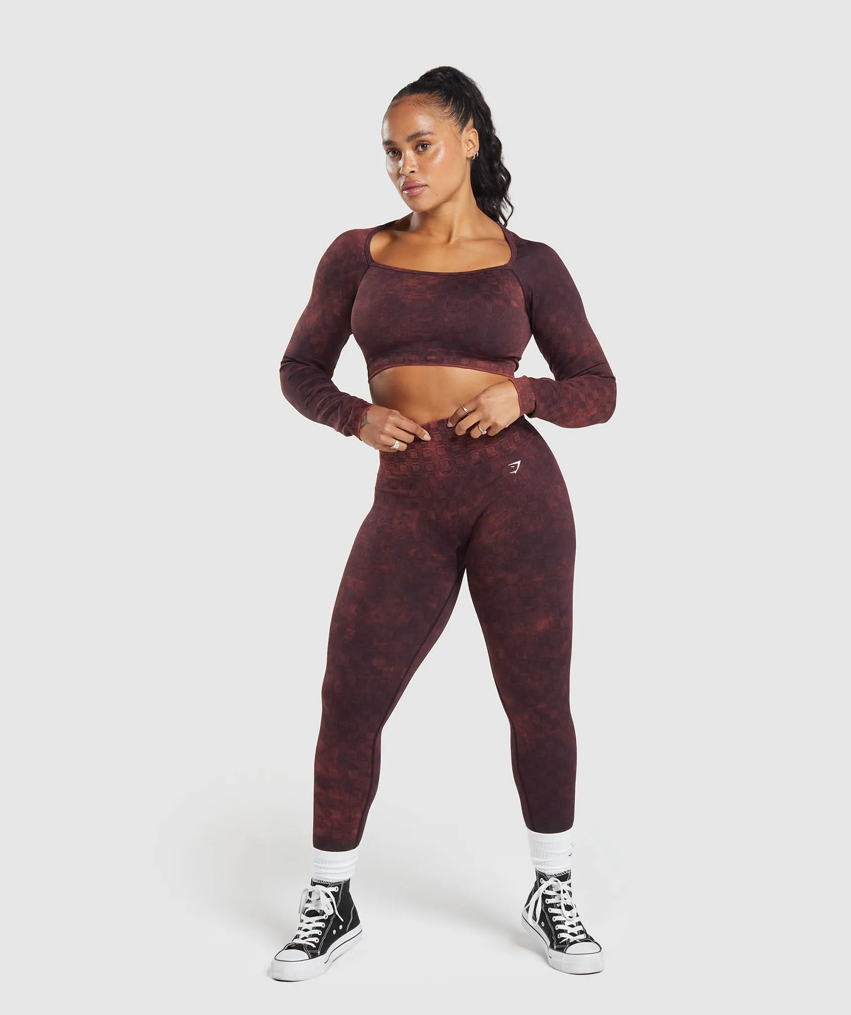 Gymshark Check Seamless Washed Long Sleeve Top - Plum Brown