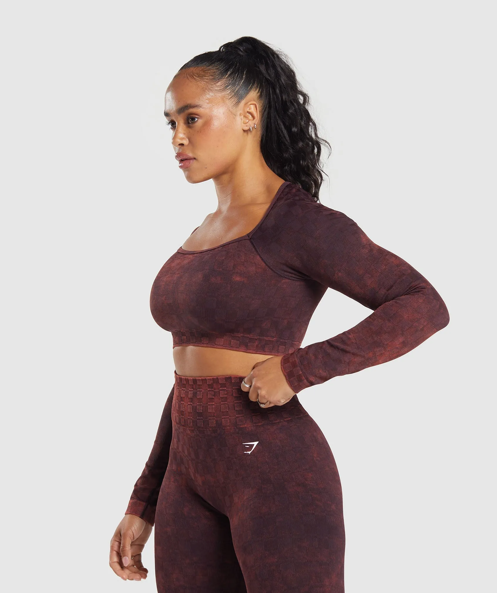 Gymshark Check Seamless Washed Long Sleeve Top - Plum Brown