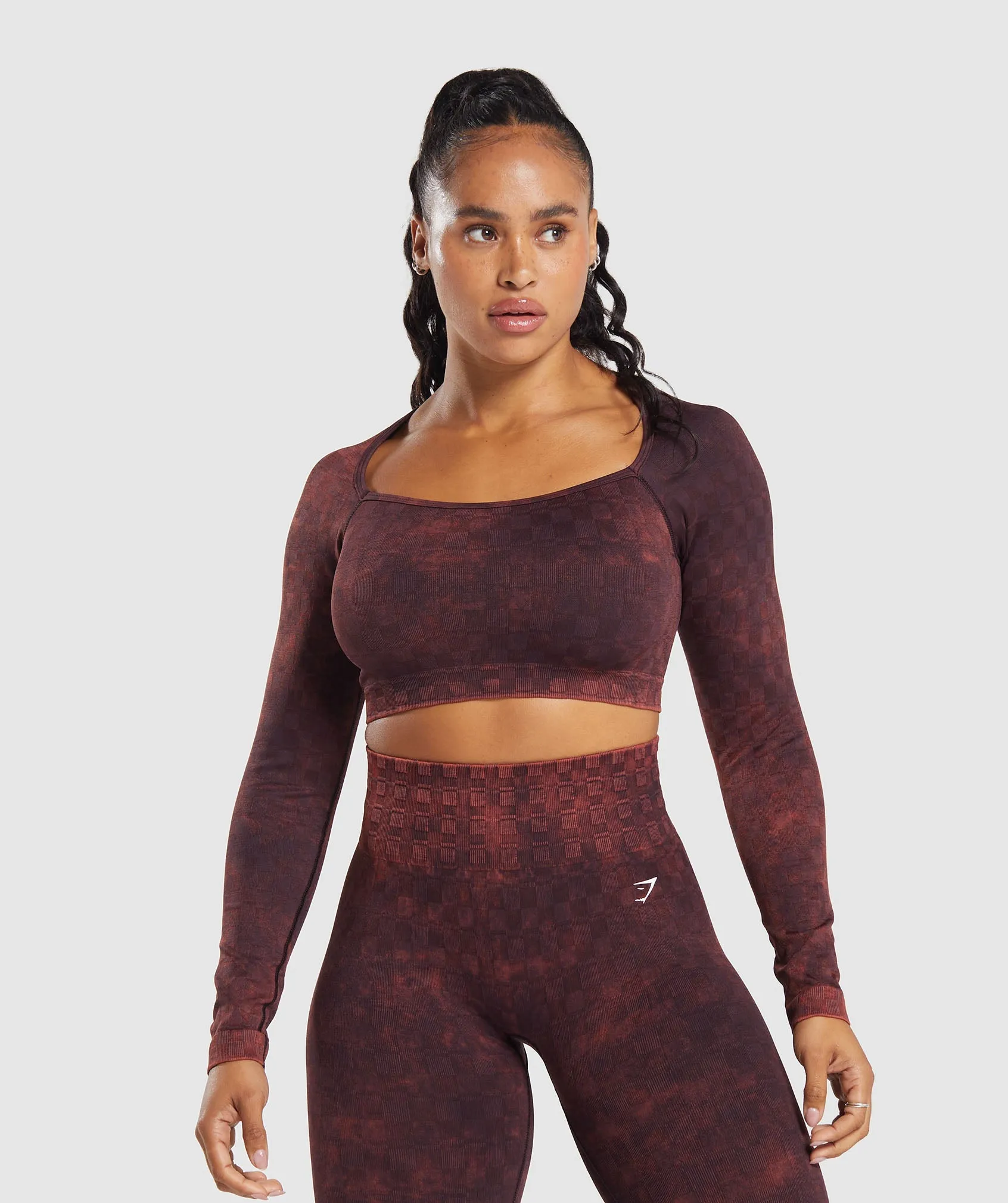 Gymshark Check Seamless Washed Long Sleeve Top - Plum Brown