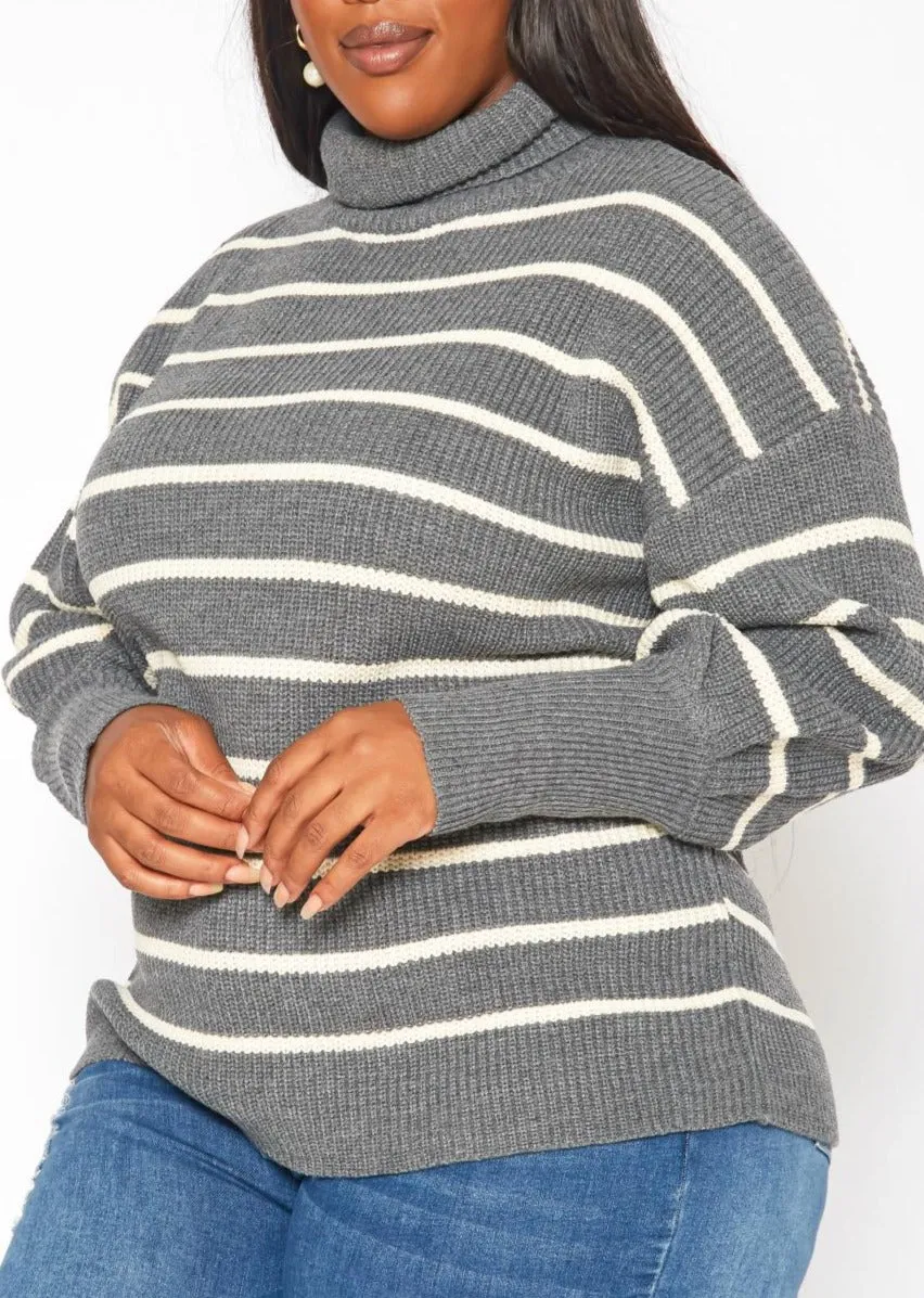 Hi Curvy Plus Size Striped Print Turtleneck Sweater