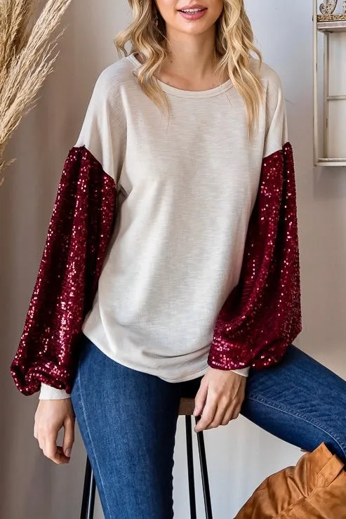 Holiday Sequin Balloon Sleeve Top- Cream/Red