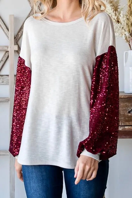 Holiday Sequin Balloon Sleeve Top- Cream/Red