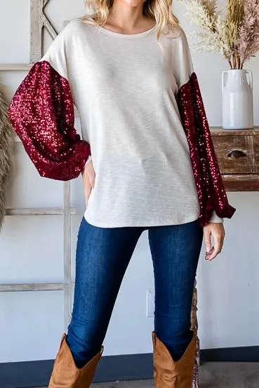 Holiday Sequin Balloon Sleeve Top- Cream/Red