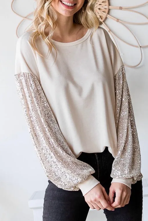 Holiday Sequin Balloon Sleeve Top- Cream/Taupe