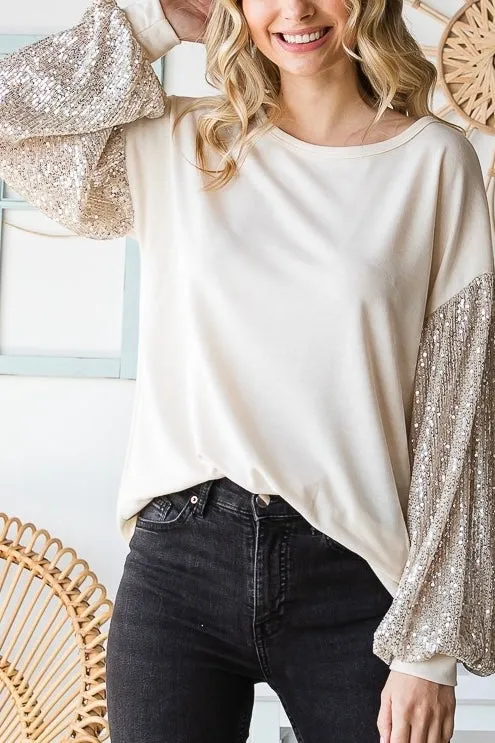 Holiday Sequin Balloon Sleeve Top- Cream/Taupe